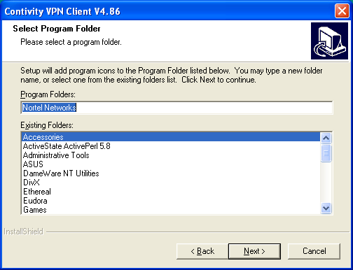 Click Next to select the Nortel Networks program folder.
