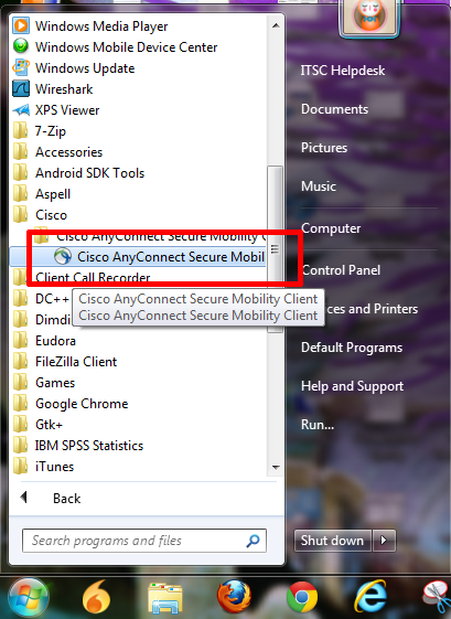 Select Cisco AnyConnect Secure Mobility Client