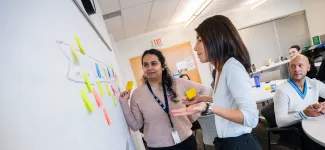 UBC Staff members collaborating on a a project, drawing on a whiteboard
