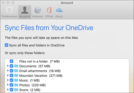 Sync Folders dialog box for OneDrive for Mac
